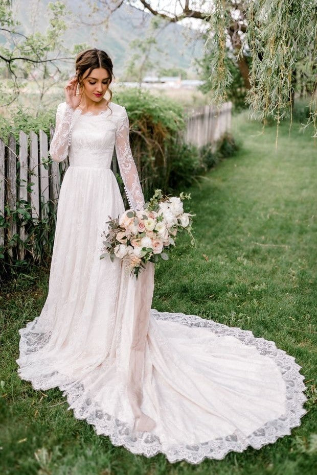 Long Sleeve Lace A Line Modest Bride ...